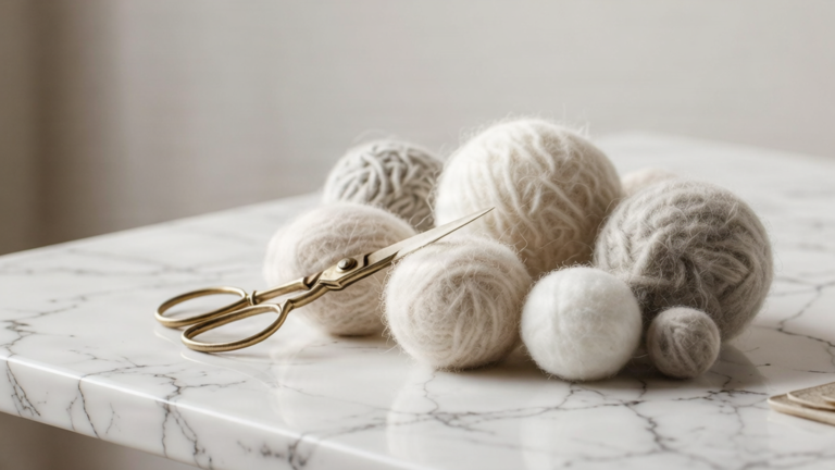 Handmade felted wool balls in neutral tones arranged on a marble surface with crafting scissors.